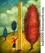 A woman measuring a tree with a ruler