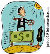 An illustration of a businessman driving a money truck