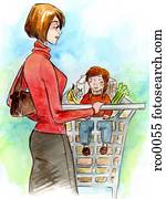 a, תינוק, לשבת, ב, a, עגלה של קניות, בזמן, שלה, אמא, מכולת, חנויות