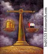 An illustration of three people standing on a scale being balanced by money