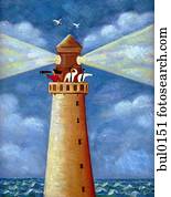 An illustration of three people in a light house looking through telescopes An illustration of three people in a light house looking through telescopes