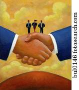 Three businesspeople standing on two giant hands shaking Three businesspeople standing on two giant hands shaking