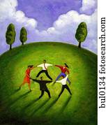 A group of people holding hands and dancing in a circle