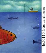 An illustration of a man fishing in a row boat with a large fish about to bite An illustration of a man fishing in a row boat with a large fish about to bite
