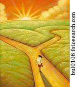 An illustration of a woman arriving at a crossroads An illustration of a woman arriving at a crossroads