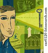 A woman looking at a key, against a collage of a bank and money of different currencies