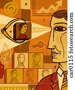 man, kijken naar, een, afbeelding, van, een ander, man, wezen, gemeten, door, calipers, en, in, de, achtergrond, is, een, tabel, en, afbeeldingen, van, anderen, mensen