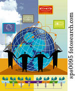 un dibujo, de, gente, trabajando, alrededor, globo