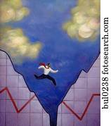 Businessman leaping over a gap in a torn line graph Businessman leaping over a gap in a torn line graph