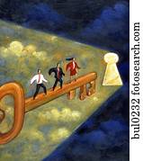 Three business people standing on giant key that is leading to an illuminating keyhole Three business people standing on giant key that is leading to an illuminating keyhole