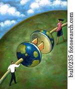 Two business people plugging giant cords together that fit into the shape of earth