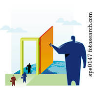 Businessmen walking through the door of opportunity being held open by another huge man Businessmen walking through the door of opportunity being held open by another huge man