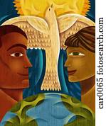 Profiles of a man and woman looking at each other, with a dove and sun between them