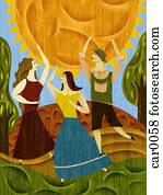 Three people dancing near the sun