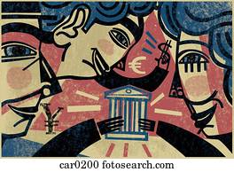 Two people holding a bank, with another person holding a dollar sign