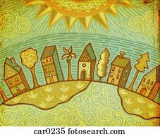 A row of houses with trees in between A row of houses with trees in between