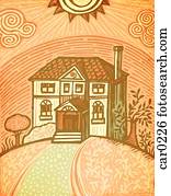 um, grande, casa, com, um, grande, gramado