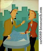 Two business people with a blueprint, having a discussion