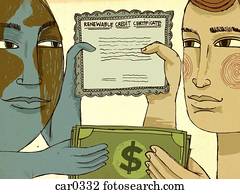 A man and a personified earth holding dollar bills and a renewable credit certificate