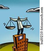 Doctor holding a measuring scale while standing on a hospital building