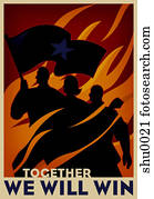 A group of people with the leader holding a flag, demostrating unity A group of people with the leader holding a flag, demostrating unity