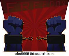 Broken chain link of handcuffs on a pair of hands