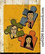 drie, puzzelstukjes, met, afbeeldingen, van, mensen, op, hen