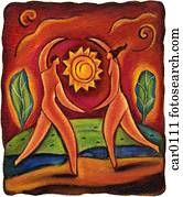 Outline of two people dancing around the sun