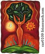 um, mulher, com, dela, corporal, como, um, tronco árvore, e, dela, braços, como, ramos