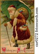 Stock Illustration of Vintage Christmas postcard of Santa Claus holding ...