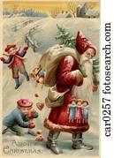 Vintage Christmas postcard with children picking up presents spilled by Santa Claus from his gift sack