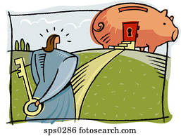 A businesswoman holding a key to a piggy bank