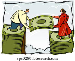 A man and woman building a stack of bills