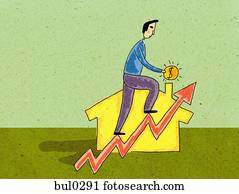 A man holding money and climbing a graph in front of a house
