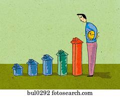 A man holding money and looking down at a row of small houses