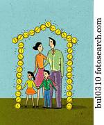 Family standing under a house made of dollar coins