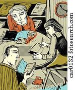 Three people studying at a round table