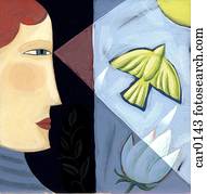 perfil, de, um, mulher olha, em, um, pomba, voando, direção, a, sol