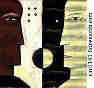 Profiles of two people facing each other on a black and white background Profiles of two people facing each other on a black and white background