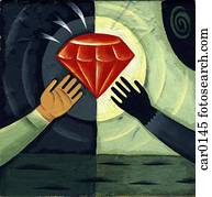 Two human hands reaching out for a red diamond