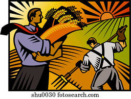 A businessman stands holding his harvested wheat, while a farmer works in the background