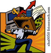 A man carrying a computer and a briefcase stuffed with various items