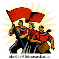 A trio of businesspeople, with one carrying a flag