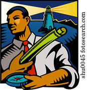 A businessman holding a map and compass tries to find his way, while a lighthouse shines behind him