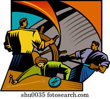 A team of business people navigating a ship