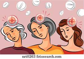 ilustración, de, tres generaciones, de, mujeres, con, blanco, círculos, indicar, dolores de cabeza, y, píldoras, en, el, plano de fondo