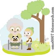 A little girl walking a dog for an elderly woman in a wheelchair A little girl walking a dog for an elderly woman in a wheelchair