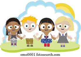 Multi-racial children holding hands in a row