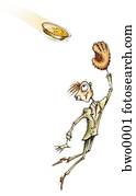 A businessman with a catchers mitt catching a gold coin