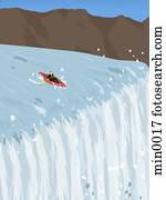 A businessman in a canoe trying to avoid going over a waterfall A businessman in a canoe trying to avoid going over a waterfall